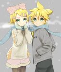  1boy 1girl aqua_eyes bangs blonde_hair blue_scarf commentary cowboy_shot from_side fur-trimmed_shorts fur_trim grey_background grey_jacket grin hair_ribbon hands_in_pockets hands_on_own_cheeks hands_on_own_face jacket kagamine_len kagamine_rin kikuchi_mataha long_scarf looking_at_viewer pantyhose pink_ribbon pink_shorts ribbon scarf shared_scarf short_hair short_ponytail shorts smile snowflakes snowing spiked_hair standing sweater swept_bangs vocaloid white_sweater 