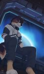 absurd_res blue_eyes brown_body brown_fur canid canine canis clothing domestic_dog fur hi_res hoodie looking_away male mammal science_fiction sitting space spacecraft spacesuit sunliine topwear vehicle