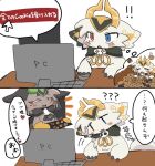 2026 2koma ambiguous_anthro ambiguous_gender angel anthro baking_tray bbb_(devil_connection) black_kerchief black_neckerchief blue_eyes blush blush_lines blush_stickers boyafu cheek_tuft clothed clothing colored comic computer computer_keyboard computer_mouse cookie cutaway demon devil_connection dialogue digital_media_(artwork) duo ear_markings electronics exclamation_point eyes_closed facial_tuft fallen_angel food fur grey_body grey_fur handwear headdress heart_symbol hearts_around_head heterochromia hi_res horn imagination japanese_text kemono kerchief makemon mammal markings monotone_body monotone_fur monotone_tail mostly_nude neckerchief neckwear nisroch_(makemon) open_mouth open_smile oven_mitts question_mark red_eyes smile speech_bubble tail text thought_bubble translated tuft white_body white_fur white_tail yellow_horn