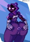 anthro anus avian bandage bandaged_arm bear belt belt_bondage big_butt bird breasts butt butt_focus butt_grab clothing corvid corvus_(genus) digital_media_(artwork) epic_games female for_a_head fortnite fur genitals gloves hand_on_butt handwear looking_at_viewer looking_back mammal metal_gloves nude object_head oscine palomino_0v0 passerine pixel_(artwork) pixelated presenting presenting_hindquarters purple_body purple_eyes purple_fur raven raven_team_leader screen screen_face screen_head simple_background solo thick_thighs vulva wide_hips