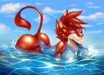  anthro clothing felid female glistening glistening_body lion living_latex looking_at_viewer mammal mekh pantherine red_body rubber rubber_creature rubbercat smile solo swimwear water 