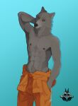 absurd_res anthro canid canine canis clothing fur grey_body grey_fur hand_behind_head hi_res jumpsuit looking_at_viewer male mammal monotone_background mrak_grossman nipples orange_clothing orange_jumpsuit shirtless shirtless_anthro shirtless_male simple_background solo wolf