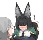 accessory animal_humanoid bangs big_ears black_ears black_hair blush breasts butt canid canid_humanoid canine canine_humanoid cleavage clothed clothing colored condom condom_in_mouth digital_media_(artwork) female female_humanoid fingerless_gloves flasso fox_humanoid gloves grey_hair hair handwear heart_pupils heart_symbol hi_res hoshimi_miyabi human human_on_humanoid humanoid inner_ear_fluff interspecies male male/female male_human mammal mammal_humanoid mihoyo mouth_hold necktie object_in_mouth onomatopoeia sexual_barrier_device shaded shirt sound_effects text thiren topwear tuft unbuttoned_shirt wise_(zenless_zone_zero) zenless_zone_zero