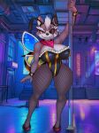2025 3:4 anthro bee_costume big_breasts breasts canid canine canis cleavage clothed clothed_anthro clothed_female clothing crossgender curvy_figure dracojeff eye_patch eyewear fake_antennae fake_stinger fake_wings female fishnet_clothing fishnet_leggings fishnet_legwear footwear fur grey_body grey_fur grey_hair hair high_heels honey_bee_inn leggings legwear leotard looking_at_viewer mammal mtf_crossgender nintendo pole pumps red_clothing red_eyes red_footwear red_high_heels shoes solo star_fox stripper_pole wide_hips wolf wolf_o'donnell