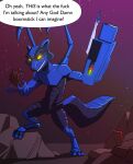 anthro arm_cannon aver-art black_body black_tail blade blue_beetle blue_body blue_tail cannon digitigrade english_text grin guardians_of_the_galaxy hi_res male mammal marvel mid_transformation multicolored_body procyonid profanity raccoon ranged_weapon rock rocket_raccoon round_ears smile solo standing symbiote tail text two_tone_body two_tone_tail weapon weapon_arm yellow_eyes
