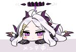 1girl ahoge black_gloves blue_archive blush_stickers chan_co chibi eyebrows_visible_through_hair gloves hair_ornament halo highres hina_(blue_archive) horns long_hair long_sleeves low_wings multiple_horns purple_eyes silver_hair simple_background solo two-tone_background wings 