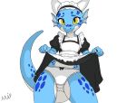 ambiguous_gender anthro blue_body blue_scales claws clothed clothing clothing_lift ear_piercing ear_ring freckled_legs freckled_thighs freckles frilly frilly_clothing frilly_panties frilly_underwear headgear headwear hi_res horn jewelry kobold looking_at_viewer maid_headdress maid_uniform markings panties panty_shot piercing ring_piercing scales scalie smile smiling_at_viewer solo spots spotted_body spotted_markings spotted_tail tail tail_markings thick_thighs underwear uniform xxmipxx yellow_eyes zeppo_(xxmipxx)
