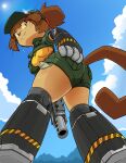 2026 absurd_res alternate_costume anthro bodily_fluids bottomwear breasts brown_hair brown_tail butt clothing cloud cosplay crop_top cropped_jacket crossover crossover_cosplay day digital_drawing_(artwork) digital_media_(artwork) english_description eyewear felid feline female fio_germi flak_jacket gameoverse glitch_productions goggles gun gun_arm hair hand_on_butt hand_on_own_butt hat headgear headwear hi_res high5art holding_object holding_weapon hotpants kit_bodega looking_back low-angle_view mammal medium_breasts metal_slug official_alternate_costume outside ponytail prosthetic prosthetic_arm prosthetic_leg prosthetic_limb purple_eyes ranged_weapon robotic_arm robotic_leg shirt short_hair shorts sky smile solo sun sweat sweatdrop tail thick_thighs tied_hair topwear visor_cap weapon weapon_arm whiskers worm's-eye_view yellow_sclera