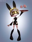 3:4 armwear artist_name blitern_thebuny clothing container cup drone fake_ears fake_rabbit_ears glass glass_container glass_cup glitch_productions hi_res holding_object holding_plate humanoid latex legwear looking_at_viewer machine male murder_drones n_(murder_drones) null_bulge one_eye_closed plate robot robot_humanoid smile smiling_at_viewer solo text thigh_highs wink winking_at_viewer yellow_eyes