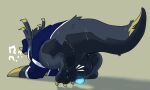 3_toes 5:3 anthro anus balls black_body black_fur blue_anus blue_clothing blue_eyes blue_glans blue_hat blue_headwear blue_shirt blue_topwear bodily_fluids bottomless bottomless_male briggsy_(kingkuga) canid canine canis claw_fingers clothed clothing dragon duo feet foot_focus foreskin fur genitals glans glowing glowing_eyes glowing_genitalia glowing_glans grey_body grey_fur hat headgear headwear hi_res horn kingkuga male mammal micro micro_on_paw mythological_creature mythological_scalie mythology one_foot_raised penis question_mark retracted_foreskin scalie shirt surprised sweat sweaty_balls sweaty_genitalia tail toes topwear wolf yellow_body yellow_fur