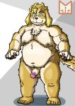  anthro balls belly better_version_at_source biceps blue_eyes canid canine canis domestic_dog flaccid floppy_ears fur genitals hi_res hisaki_(live-a-hero) live-a-hero male mammal multicolored_body multicolored_fur musclegut navel nipples nude pecs penis red_panda_mirr slightly_chubby solo yellow_body yellow_fur 