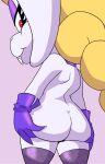 anthro big_butt big_head blonde_hair braided_hair broodal buckteeth butt butt_focus clothed clothing female female_focus fishnet_clothing fishnet_legwear fur gloves hair handwear hariet_(mario) impstripe lagomorph legwear leporid mammal mario_bros nintendo partially_clothed rabbit rear_view red_eyes solo super_mario_odyssey teeth thigh_highs white_body white_fur