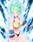  1girl abs alternate_hairstyle blue_eyes blush breasts cleavage fingerless_gloves gloves green_hair kagimiya_mello large_breasts last_origin looking_at_viewer mighty_r smile solo spiked_hair sports_bra strong toned 