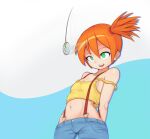  1girl arms_behind_back bare_shoulders breasts child crop_top denim denim_shorts highres hypnosis leaning_back looking_at_object midriff mind_control misty_(pokemon) off_shoulder orange_hair pendulum pokemon shorts small_breasts solo spiral_eyes suspender_shorts suspenders thekinkyfinn two-tone_background 