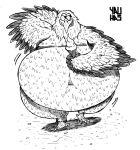 2026 4th_of_july accipitrid accipitriform ambiguous_gender anthro avian beak bird claws dessert eagle feathers food hand_on_head holidays ice_cream monochrome navel obese overweight simple_background sketch solo watermark white_background wings yauhasart