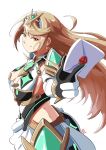  1girl automatic_giraffe bangs bare_legs bare_shoulders blonde_hair breasts chest_jewel cleavage_cutout clothing_cutout dress earrings elbow_gloves gem gloves headpiece jewelry large_breasts long_hair looking_at_viewer mythra_(xenoblade) short_dress simple_background smile super_smash_bros. swept_bangs thigh_strap tiara very_long_hair white_dress white_gloves xenoblade_chronicles_(series) xenoblade_chronicles_2 yellow_eyes 