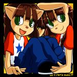 1:1 anthro bemani black_clothing black_footwear black_shoes blue_bottomwear blue_clothing blue_pants bottomwear braided_pigtails brown_hair clothing digital_media_(artwork) domestic_cat duo felid feline felis female footwear hair hi_res konami lagomorph lazaruscross leporid mammal mimi_(pop'n_music) multicolored_clothing multicolored_shirt multicolored_topwear nyami_(pop'n_music) open_mouth orange_nose pants pockets pop'n_music rabbit shirt shoes smile square star topwear