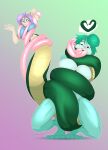 animal_humanoid anthro apode bent_legs bottomless breast_squish breasts clothed clothing coiling coiling_another coiling_around_body convenient_censorship crouching digital_media_(artwork) draconcopode duo featureless_breasts feet female female/female fingers floria_(greenknight98) gillian_(greenknight98) green_body green_hair hair hi_res humanoid hyper hyper_tongue lamia legless mammal nude purple_hair reptile scales scalie serpentine shirt simple_background snake split_form squish tacokurt tail tongue tongue_out topwear topwear_only