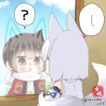  ... 2girls ? animal_ears artist_logo artist_name azur_lane bare_shoulders blush brown_eyes brown_hair crossover detached_sleeves eyebrows_visible_through_hair fox_ears fox_tail hair_between_eyes japanese_clothes kaga_(azur_lane) kaga_(kancolle) kantai_collection long_hair mittens multiple_girls multiple_tails namesake open_mouth scarf short_hair side_ponytail spoken_ellipsis spoken_question_mark tail taisa_(kari) twitter_username white_hair white_scarf wide_sleeves 