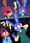 2026 3d_(artwork) 3d_background animal_mask animatronic anthro bear blue_bottomwear blue_clothing blue_jeans blue_mask blue_pants blue_shirt blue_topwear bonnie_(fnaf) bottomwear brown_arms canid canine clothed clothed_human clothed_male clothing colored comic d-6alaxy denim denim_bottomwear denim_clothing digital_media_(artwork) english_text exclamation_point eye_patch eyewear five_nights_at_freddy's fox fox_mask foxy_(fnaf) freddy_(fnaf) gradient_background green_clothing green_shirt green_topwear hi_res human human_to_anthro human_to_machine interrobang jeans lagomorph leporid machine male mammal mask mechanical_arm mixed_media pants rabbit rabbit_mask red_mask robot scottgames shirt silhouetted_body simple_background species_transformation story story_in_description text topwear transformation