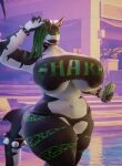 3d_(artwork) absurd_res alternative_fashion anthro aquatic areola belly big_areola big_breasts big_butt black_body black_lips bottomwear bra bracelet breasts butt clothed clothing collar darkflash23 digital_media_(artwork) eyewear female fin fish goth green_body green_eyes green_hair gta_vi_cover_girl hair hi_res huge_breasts huge_butt huge_filesize huge_hips jewelry lips looking_at_viewer mature_female monster_energy mother_(lore) muscular muscular_female panties pants parent_(lore) partially_clothed piercing poster punk scalie shark solo standing strakia_(strakiashark) striped_body stripes sunglasses swimming_pool text text_on_clothing thick_lips thick_thighs torn_bottomwear torn_clothing torn_pants underwear wide_hips