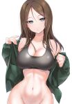  1girl bangs black_hair black_sports_bra blue_eyes blush bottomless breasts cleavage commentary girls_und_panzer green_jacket groin half-closed_eyes highres jacket jacket_pull komekueyo large_breasts long_hair long_sleeves looking_at_viewer navel nonna_(girls_und_panzer) off_shoulder open_clothes open_jacket parted_lips simple_background sleeves_past_wrists solo sports_bra standing swept_bangs undressing white_background 