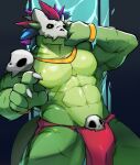 5_fingers abs absurd_res anthro artist_name barazoku big_muscles bone bone_mask bottomwear bulge claws clothing fingers green_body hi_res humanoid_hands jewelry lihzahrd lizardman loincloth male mask muscular muscular_anthro muscular_male muscular_thighs necklace pecs piiyouo scalie skull skull_mask solo standing tail terraria text waterfall wet wet_body witch_doctor_(terraria) yellow_eyes