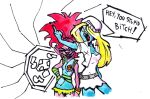 alternative_fashion blonde_hair blue_body blue_skin breasts clothed clothing dreamworks duo evil_grin female gesture hair hand_gesture hat headgear headwear hi_res humanoid larger_female middle_finger not_furry painting_(artwork) phrygian_cap pink_body pink_hair pink_skin poppy_(tr poppy_(trolls) profanity punk simple_background size_difference smile smurfette teeth text the_smurfs toongrowner troll_(mythology) troll_(trolls) trolls_(dreamworks) watercolor_(artwork)