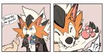  3_fingers 5_fingers ?! ambiguous_gender blue_eyes canid canine cheek_tuft chest_tuft claws collar dialogue disembodied_hand duo dusk_lycanroc english_text eyes_closed facial_tuft feral finger_claws fingers flat_colors fur hand_bite hi_res human human_to_feral inner_ear_fluff looking_at_another lycanroc mammal meme mid_transformation nintendo open_mouth orange_body orange_fur pawpads pink_pawpads pok&eacute;ball pok&eacute;mon pok&eacute;mon_(species) sequence simple_background smile species_transformation speech_bubble text tongue tongue_out torn_coat toshabi transformation tuft two_panel_image video_games white_body white_fur 