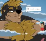 2022 anthro benjamin_(pocketcat) big_muscles big_pecs blonde_hair blue_hair body_hair canid canine canis cloud cover_them_up_slut domestic_dog ear_piercing english_text facial_hair hair macro macro_anthro macro_male male mammal mastiff molosser muscular muscular_anthro muscular_male nipples pecs piercing pink_nipples pocketcat rottweiler speech_bubble text tiktok yellow_eyes