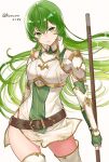  1girl armor bangs belt boots breastplate brown_belt erinys_(fire_emblem) fingerless_gloves fire_emblem fire_emblem:_genealogy_of_the_holy_war fire_emblem_heroes floating_hair gloves green_eyes green_gloves green_hair hair_between_eyes haru_(nakajou-28) head_tilt highres holding holding_lance holding_polearm holding_weapon lance long_hair looking_at_viewer polearm solo thigh_boots thighhighs twitter_username weapon white_background 