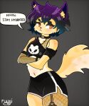 5:6 absurd_res alternative_fashion anthro bottomwear clothing crop_top crossed_arms dialogue domestic_cat english_text felid feline felis female fishnet_clothing fishnet_leggings fishnet_legwear fishnet_topwear fuuki_art goth hi_res leggings legwear mammal midriff naomi_(fuuki_art) navel shirt shorts solo speech_bubble tail text topwear