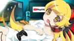  1girl :d bangs blonde_hair blush_stickers brand_name_imitation clenched_hands commentary_request controller dualshock fangs game_controller gamepad happy headphones headset highres indoors long_hair looking_at_viewer mashimaro_tabetai monitor monogatari_(series) multiple_monitors open_mouth oshino_shinobu playstation_controller reclining shiny shiny_hair shirt short_sleeves single_bare_shoulder smile solo speaker white_shirt yellow_eyes youtube youtube_logo 