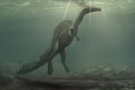 2021 ambiguous_gender aquatic belly black_claws claws dinosaur dust feral fish floating grey_arms grey_background grey_body grey_legs kelenkenwithfangs painting_(artwork) prehistoric_species reptile rubbing_tail saurischian scalie simple_background spinosaurid spinosaurus swimming tan_belly theropod underwater water