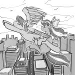 1:1 avian bird blue_blazes_(character) bow_ribbon city cityscape cloud cutie_mark duo equid equine feathered_wings feathers female feral flying freckled_face freckles greyscale hair hasbro hooves horn horse kevinsano male male/female mammal mane monochrome multicolored_hair my_little_pony mythological_creature mythological_equine mythology pegasus pony red_ribbon_(character) road snout two_tone_hair unicorn wings