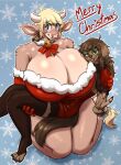 2025 2_horns 4_toes anthro anthro_on_anthro big_breasts biped blonde_hair blue_eyes bovid bovine breasts brown_body brown_fur brown_hair canid canine canis cattle christmas christmas_bells christmas_clothing christmas_dress claws cleavage clothed clothed_anthro clothed_female clothing deep_cleavage digital_media_(artwork) domestic_dog doodle_dip dress duo ears_aside english_text eyewear feet female female/female footwear fur gesture glasses green_eyes hair hand_gesture hi_res holding_another holidays horn huge_breasts kneeling long_hair mammal merry_christmas momo_(doodle_dip) olivia_(doodle_dip) paws round_glasses santa_dress short_hair skimpy snowflake socks stirrup_socks tail tan_body tan_fur text toes tongue tongue_out trans_(lore) trans_woman_(lore) v_sign wearing_glasses