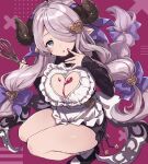  1girl bangs blue_eyes braid breasts bright_pupils candy chocolate chocolate_heart cleavage cleavage_cutout clothing_cutout draph food granblue_fantasy hair_ornament hair_over_one_eye heart heart_cutout heart_hair_ornament highres horn_ornament horn_ribbon horns icing large_breasts long_hair low-tied_long_hair narmaya_(granblue_fantasy) parted_bangs pink_hair piyo_cotori pointy_ears ribbon socks solo squatting sweater thighs very_long_hair whisk 