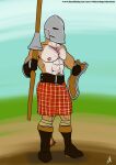 2021 abs anthro armor armpit_hair belt belt_buckle body_hair boots bottomwear brown_body brown_fur buckle chest_hair clothing colored dated domestic_cat felid feline felis footwear fur grass happy_trail headgear helmet hi_res holding_object holding_shield kilt male mammal muscular muscular_male nipples outside plant red_kilt shield shirtless shirtless_male shoes sky solo text url white_body white_fur whitecolt_productions