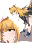 3:4 absurd_res animal_ears animal_humanoid asaaa bare_legs bent_over black_bottomwear black_clothing black_shorts blonde_hair blue_clothing blue_footwear blue_shoes bottomwear clothing eye_roll fangs felid felid_humanoid female female_humanoid fluffy_ears footwear green_eyes hair hands_on_knee hands_on_leg heart_symbol hi_res humanoid jacket ju_fufu long_hair mammal mammal_humanoid mihoyo pantherine pantherine_humanoid shoes shorts simple_background sparkles sparkling_eyes teeth thigh_strap thiren tiger_humanoid tongue tongue_out topwear white_background white_hair yellow_clothing yellow_jacket_(clothing) yellow_topwear zenless_zone_zero