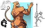 absurd_res anthro avian bird butt butt_focus by_your_hands chicken connor_gordon dancing english_text fangs felid galliform genitals glans hi_res looking_at_viewer male male_anthro mammal markings nude orange_body pantherine peeing penis phasianid pole pole_dancing solo_focus striped_body striped_markings striped_tail stripes tail tail_markings teeth text thekinkybear tiger tucker_thompson whiskers