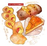  absurdres bread cake food food_focus fruit highres meat momiji_mao no_humans orange orange_slice original pastry signature simple_background sparkle still_life translation_request white_background 