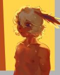 2026 anthro anthrofied areola bangs bare_chest biped blue_inner_ear blue_nose blue_sclera bust_portrait digital_media_(artwork) ear_tuft eeveelution eyebrows flareon fur generation_1_pokemon hair hi_res light lighting looking_at_viewer male male_anthro mammal narrowed_eyes nintendo nipples nude nude_anthro nude_male orange_body orange_ears orange_fur pivoted_ears pokemon pokemon_(species) pokemorph portrait pose pupils short_hair simple_background snout solo standing tan_eyebrows tan_hair teeth three-quarter_view tuft vermilion_(yagihorns) water water_drop wet wet_body wet_fur wet_hair white_pupils yagihorns yellow_background