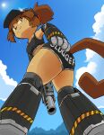 2026 absurd_res alternate_costume anthro bedroom_eyes bodily_fluids bra breasts brown_hair brown_tail butt clothing cloud cosplay crossover crossover_cosplay day digital_drawing_(artwork) digital_media_(artwork) english_description english_text eyewear felid feline female gameoverse glitch_productions goggles grin gun gun_arm hair half-closed_eyes hand_on_butt hand_on_own_butt hat headgear headwear hi_res high5art holding_object holding_weapon kit_bodega looking_back low-angle_view mammal medium_breasts narrowed_eyes outside panties ponytail prosthetic prosthetic_arm prosthetic_leg prosthetic_limb purple_eyes ranged_weapon robotic_arm robotic_leg seductive short_hair sky smile solo sports_bra sports_panties sun sweat sweatdrop tail text text_on_clothing text_on_panties text_on_underwear thick_thighs tied_hair underwear visor_cap weapon weapon_arm whiskers worm's-eye_view yellow_sclera