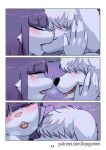 absurd_res anthro bangs black_nose blush blush_lines bodily_fluids breath canid canine canis cherry_the_rabbit comic comic_panel corey_(kyogummi) domestic_dog duo eyes_closed french_kissing fur gynomorph gynomorph/male hand_on_face heart_symbol hi_res holding_face intersex intersex/male kiss_on_lips kissing kissing_neck kyogummi lagomorph leporid licking male mammal moan nose_to_nose pink_eyes pink_nose rabbit red_eyes saliva saliva_on_tongue saliva_string sound_effects text tongue touching_face url white_body white_fur
