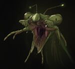 2021 ambiguous_gender antennae_(anatomy) arthropod black_antennae black_background black_eyes bodily_fluids feral green_body green_eyes green_light green_nose insect kelenkenwithfangs looking_at_viewer mantis mouth_shot open_mouth saliva simple_background solo teeth vore