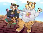 absurd_res animal_print anthro bench benjamin_clawhauser bottomless brick brick_background brick_wall canid canine cheek_tuft cheetah cheetah_print cheetah_spots chubby_cheeks city city_background city_skyline cityscape clothed clothing coffee_cup container cup dessert disney doughnut eyewear facial_tuft felid feline fluffy fluffy_chest fluffy_ears fluffy_hair fluffy_tail food glasses hair hi_res holding_container holding_food holding_object hoodie hoodie_only male mammal michael_tanuyama natural_colors neck_tuft on_bench overweight overweight_anthro overweight_male pastry raccoon_dog sitting sitting_on_bench size_difference slightly_chubby slightly_chubby_anthro slightly_chubby_male smile smiling_at_another smiling_at_each_other smiling_eyes sweets tail tanuki tanuki_leaf tanuki_tail topwear topwear_only tuft unnatural_colors wall_(structure) wearing_glasses zootopia