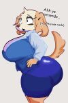 2025 2:3 anthro big_breasts big_butt blue_bottomwear blue_clothing blue_skirt blue_topwear blue_vest bottomwear breasts butt canid canine canis clothing collared_shirt domestic_dog dress_shirt eyelashes female floppy_ears hand_on_hip huge_breasts mammal mary_isabel maryisabel office_clothing office_lady pencil_skirt shirt side_view skirt solo spanish_text tail text thick_thighs topwear translated vest white_dress_shirt
