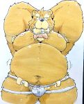  2021 anthro belly bow_tie brown_body brown_fur bulge clothing fur hi_res kemono male mammal money moobs navel nipples overweight overweight_anthro overweight_male solo stripper suishou0602 underwear ursid 