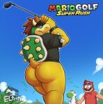  2021 anthro armband big_butt bottomless bowser bubble_butt butt clothed clothing cloud day digital_media_(artwork) elfein english_text erection facial_hair fangs genitals golf golf_club grass green_yoshi group hair hat headgear headwear hi_res holding_object horn human humanoid_genitalia humanoid_penis koopa logo looking_at_viewer looking_back looking_back_at_viewer male mammal mario mario_bros mario_golf motion_lines mustache narrowed_eyes nintendo outside penis plant raised_tail reptile scalie shell shirt signature sky solo_focus spiked_armband spiked_shell spikes spikes_(anatomy) sport standing text thick_thighs topwear video_games watermark wood_(golf) yoshi 
