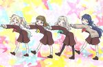  >_< 4girls akihitohappy aqua_neckerchief black_pantyhose blonde_hair blue_eyes blue_hair brown_cardigan brown_dress brown_hair brown_shoes cardigan ceras_yanagida_lilienfeld closed_eyes commentary_request dancing dress fang flower gradient_hair grey_hair hair_flower hair_ornament hair_ribbon hasu_no_sora_school_uniform highres kachimachi_kosuzu long_hair long_sleeves looking_at_viewer love_live! love_live!_hasu_no_sora_jogakuin_school_idol_club lucky_star motteke!_serafuku multicolored_hair multiple_girls murano_sayaka neckerchief osawa_rurino pantyhose pink_eyes red_neckerchief ribbon ruri&amp;to_(love_live!) sailor_collar school_uniform shoes smile socks star_(symbol) star_symbol_background virtual_youtuber white_sailor_collar white_socks yellow_neckerchief 